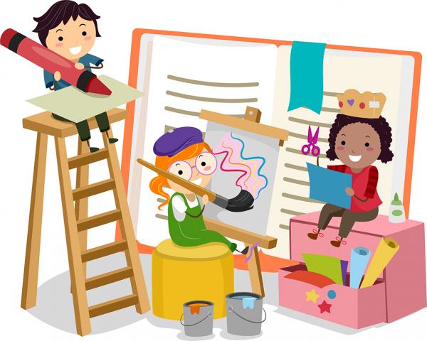 children coloring, painting and cutting paper 