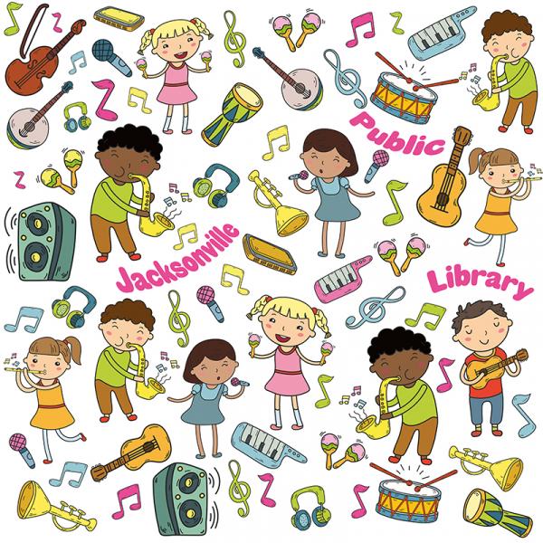 Illustration of children playing musical instruments with other musical instruments at the Jacksonville Public Library